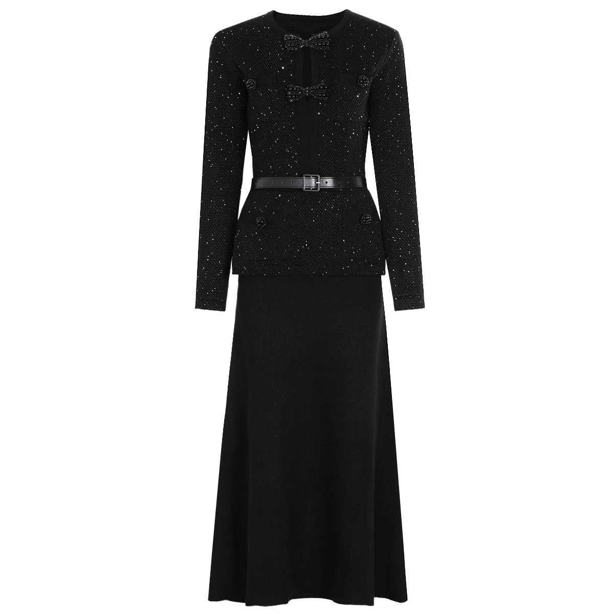 25289 High-quality New Elastic Knitted Round Neck Slim Fit Butterfly Heavy Industry Nail Bead Long Sleeved Womens DressT260316