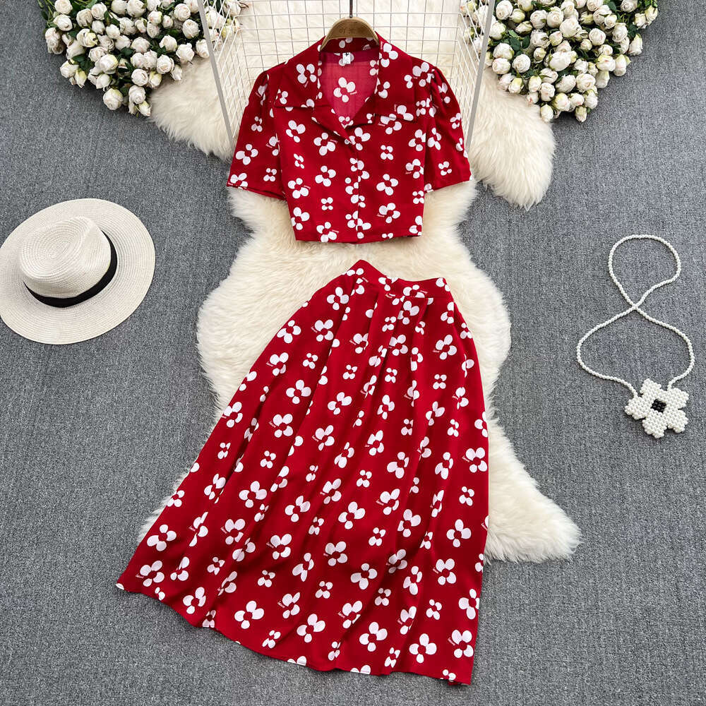 Women's Fashion Set Bubble Sleeve Top Short Sleeve Two Piece Set High a25 Waist Printed A-line Skirt 2026