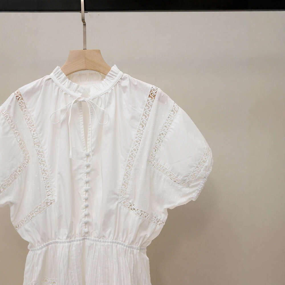 2026 Spring/Autumn New Designer French White Moonlight Lace Dress with Hollow out Ruffle Short Skirt