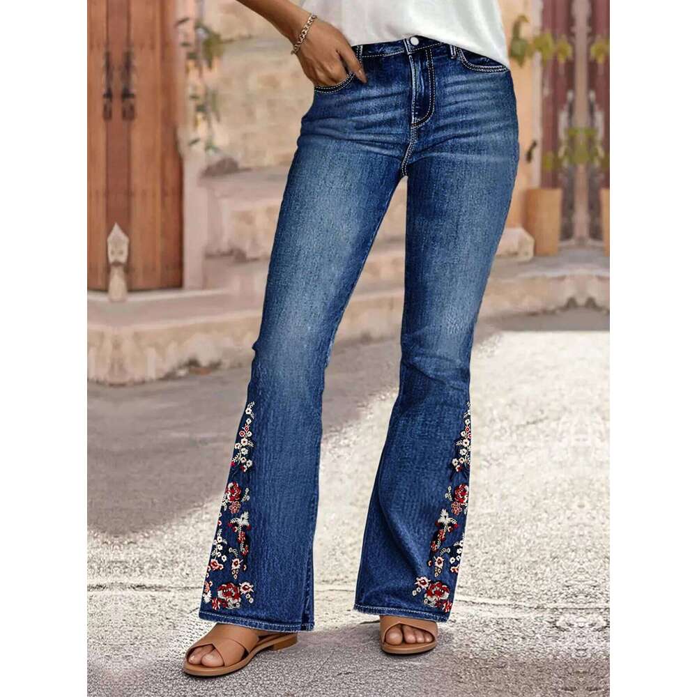 plus Size High Waist Bell Bottom for Women Fashionable with Vintage Embroidery Elastic Slim Fit Women's Denim Jeans Z260313