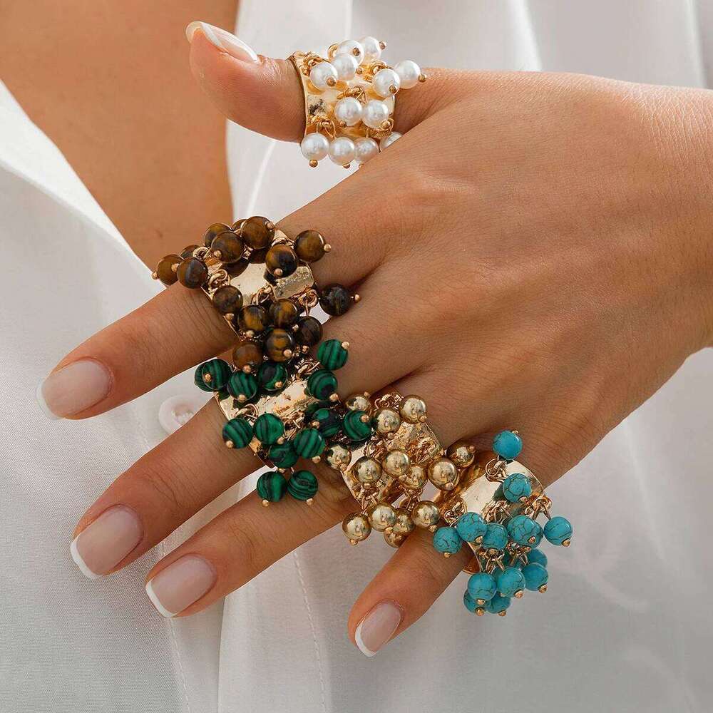 Salircon Trendy Imitation Pearl Stone CCB Small Ball Women's Man 2024 Vintage Street Punk Hip Hop Ring Female Jewelry H260312