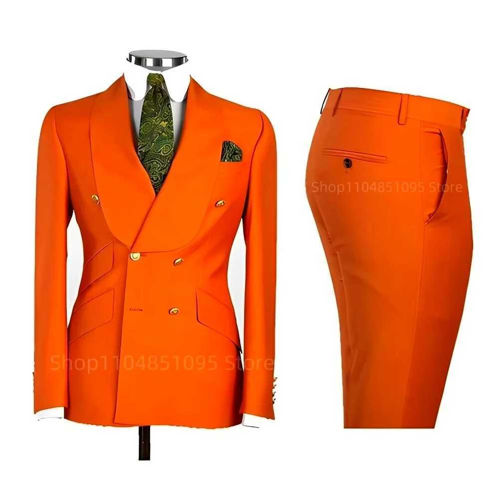 2 PCS Mens Smart Casual Solid Formal Tuxedo Suits with Shawl Lapel Double Breasted Jacket And Pants for Business And Wedding M260313