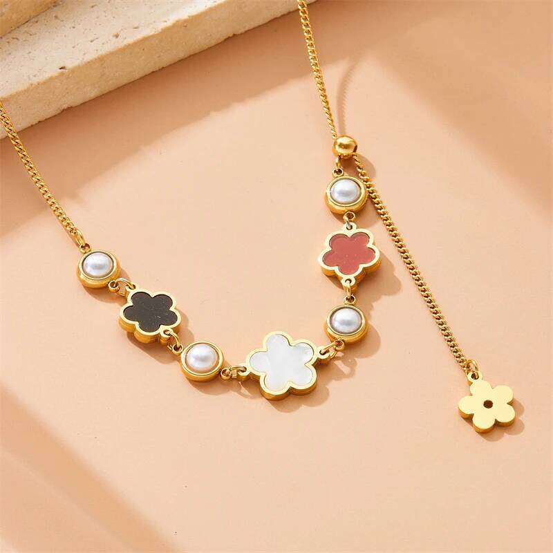 MEYRROYU 316L Stainless Steel White Black Red Five Flower Round Pearl Necklace Womens Trend flowers Neck Jewelry Gift Party H260312