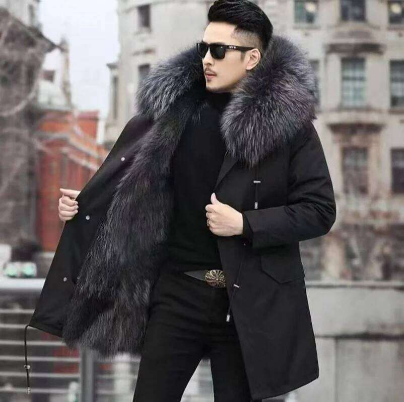 Men's Parka Coat Faux Fur Collar Detachable Medium-Length Winter Jaet Long Sve Hooded Casual Outerwear Z260313