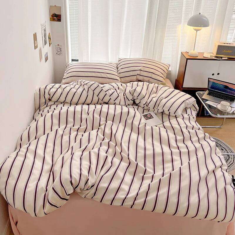 Korean Style Striped Duvet Washed Cotton 3/4pcs Bedding Set with Quilt Cover Bed Sheet Pillowcase Durable Breathable H260312 - view 4
