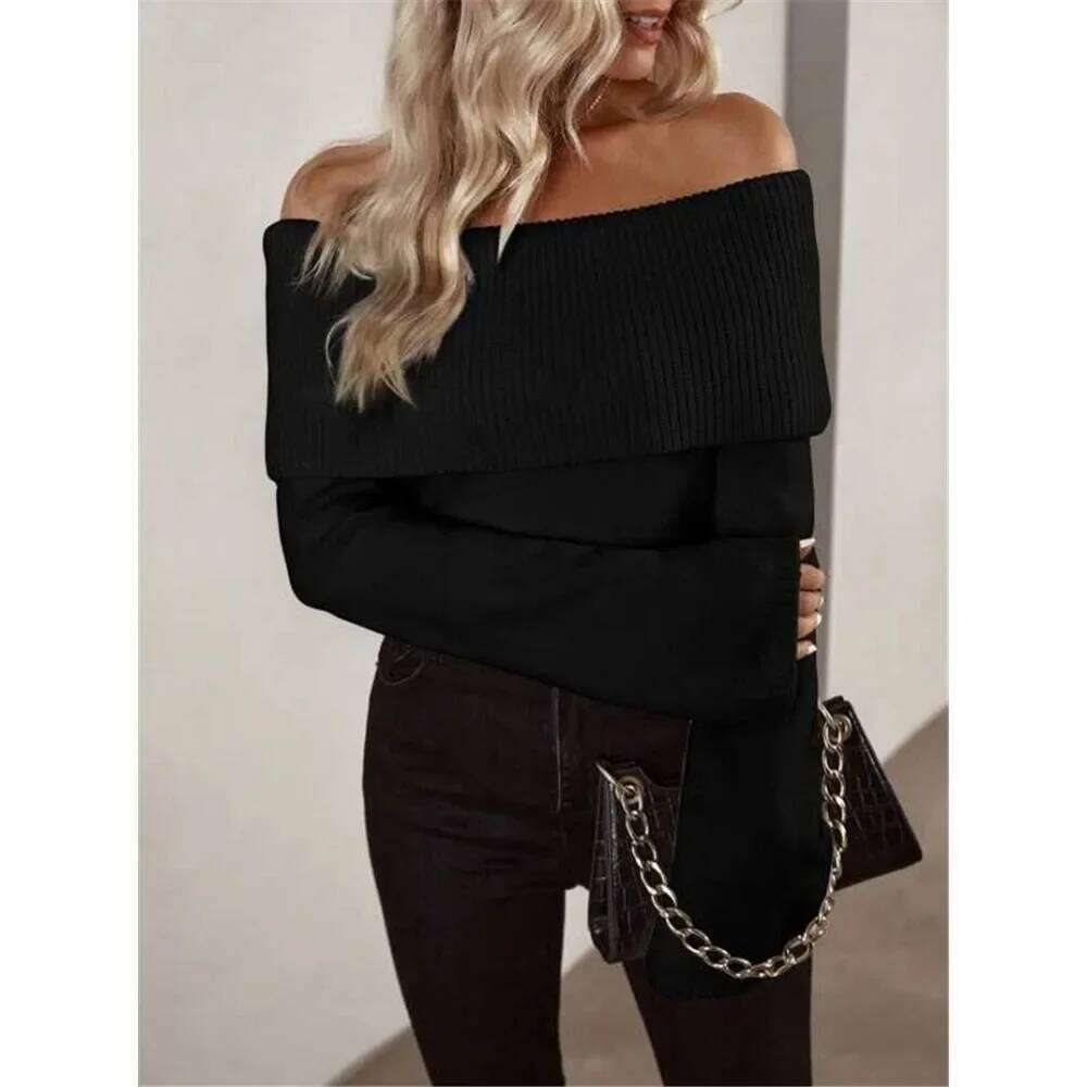 Women's Sweater with A One Neck Slim Fit, Fashionable and Sexy Knitted Long Sleeved Autumn Collection Z260313