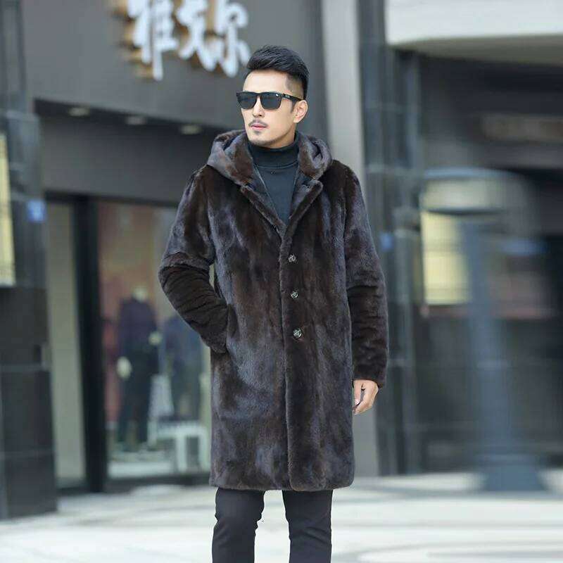 Men Faux Fur Hooded Single Breasted Jackets Thick Warm Straight Midi Length Jacket Pockets Casual Autumn Winter Z260313