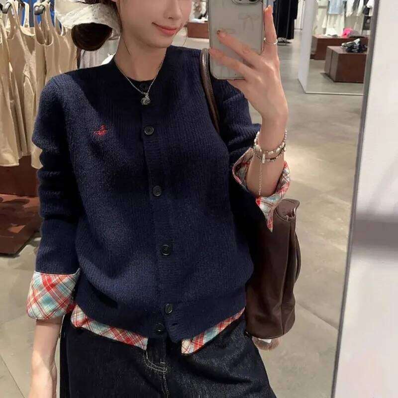Vintage Plaid Patchwork Sweaters Female Clothing Korean Fake Two Pieces Autumn Winter Fashion Embroidery Loose Knitted Jumpers Z260314
