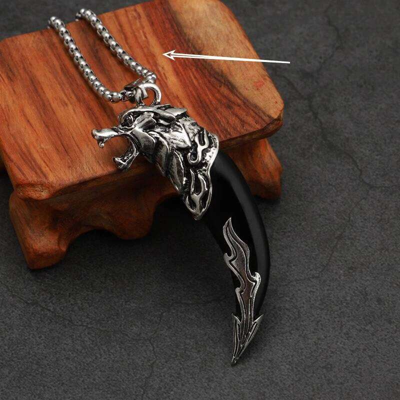 Black&White Men's Wolf Tooth Resin Pendant Necklace Stainless Steel Silvery Chain Charm Jewelry 2025 H260312