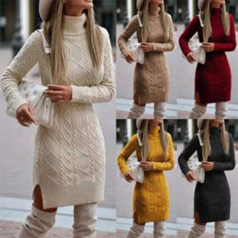 Knitted Women High Neck Slim Solid Wool Mini Fashion Ladies Basic Long Sleeve Winter Autumn Warm Dresses Z260313