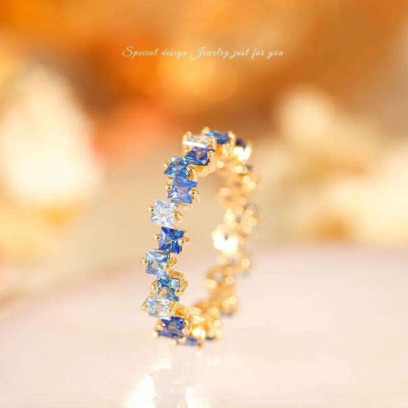 Foydjew Romantic Candy Rainbow Series Plated 18K Gold Rings Inlaid Blue Zircon Simulation Sapphire Tail Ring For Women H260312