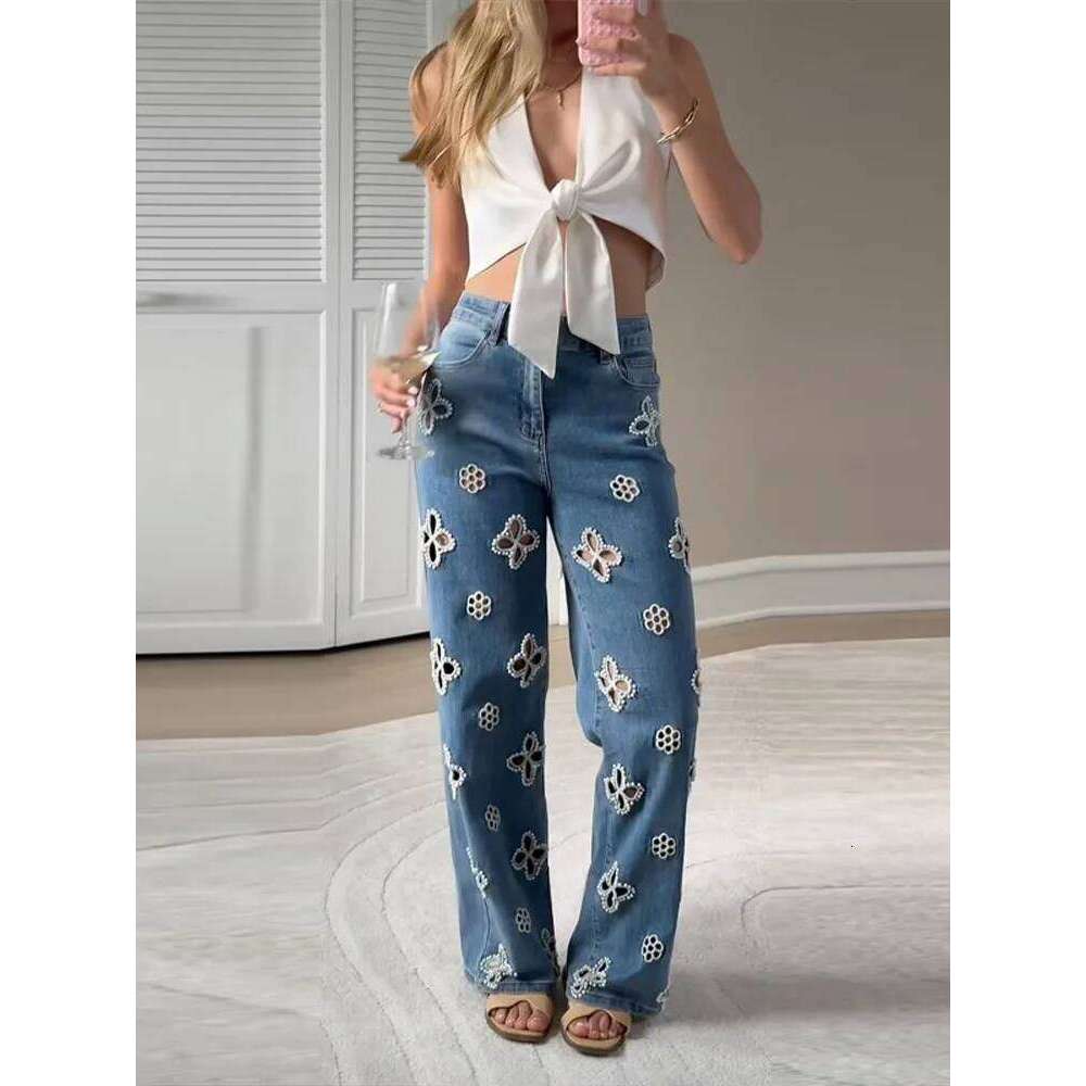 Street Pearl Hollow Women's Jeans Zipper Pockets High Waist Blue Denim Trousers 2025 Autumn Winter Lady Y2K Outwear Z260313