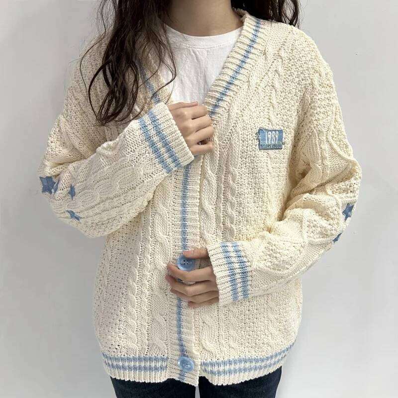 Beige 1989 Cardigans with Blue Star Women Autumn Warm V-neck Knitted Sweaters Winter Female Vintage Casual Loose Tops Z260314