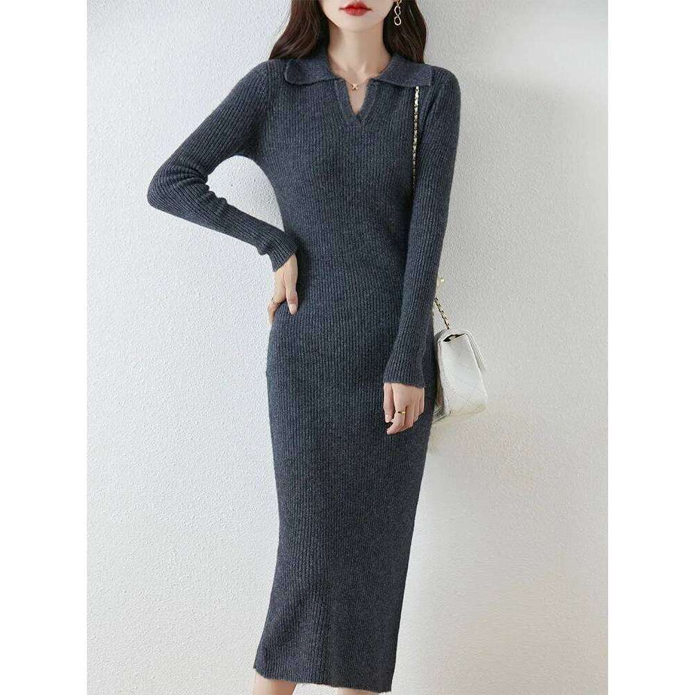 High-end 100% Pure Wool Pulllover Dress Women Slimming New Turn-down Collar Autumn Winter Knitted Inner Layer Long Skirts Z260313