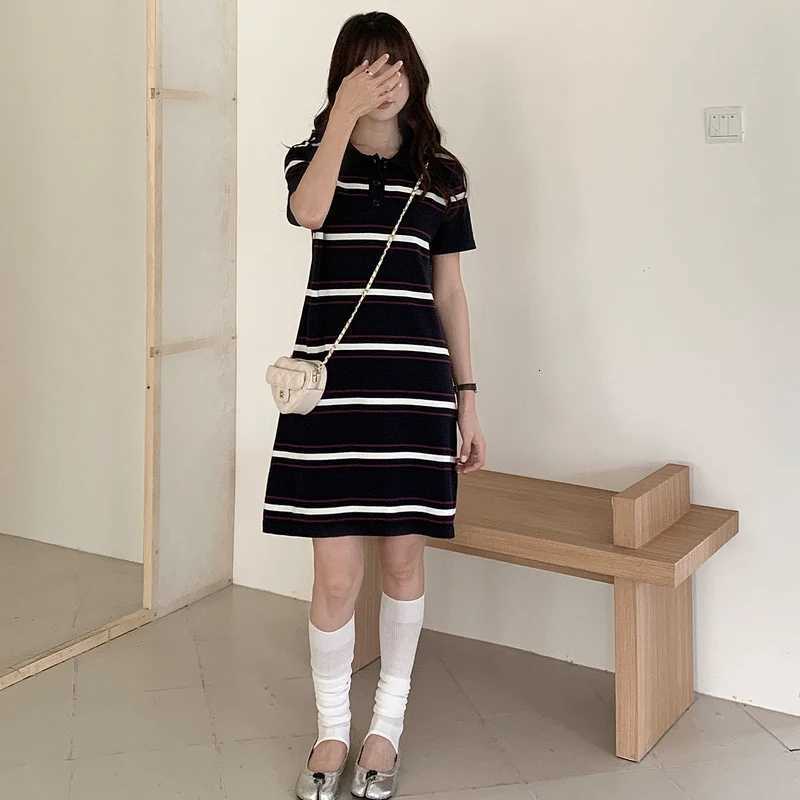 Korean knitted short sleeved dress for womens summer new polo collar casual versatile mid length striped contrasting dressT260314