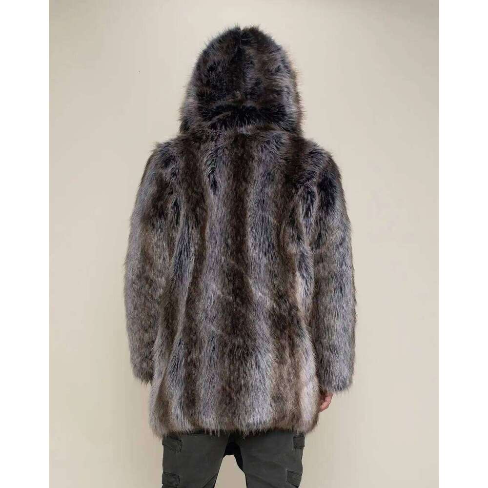 Hot Selling Men's Thick Hooded Personality Winter Mid-Length High Quality Faux Fur Coat Z260313