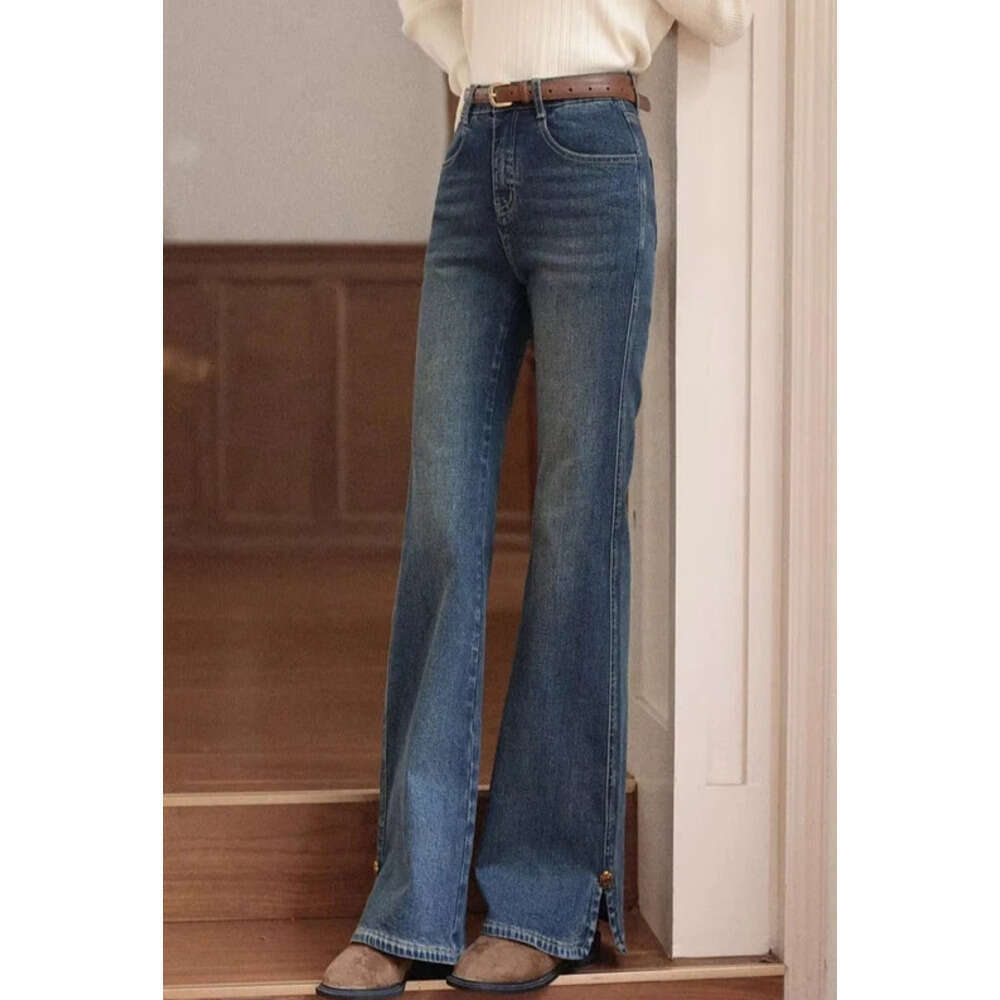 ALXNAN Vintage Blue Jeans Women's Flared Straight Cotton Denim 2025 Fall Office Lady Elegant Slim-fit Female Pants L57873 Z260313