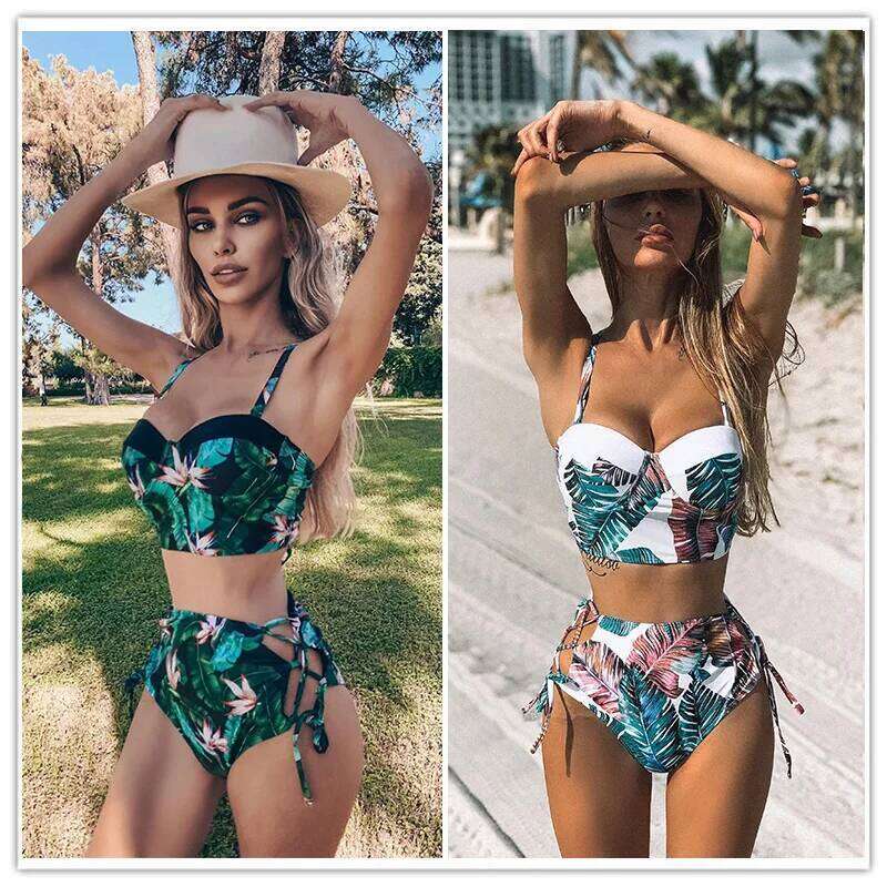 High Waist Swimwear 2025 New Leaf Print Bikinis Women Swimsuit Vintage Retro Bathing Suit Halter Biquini Maillot de bain femme Y260303