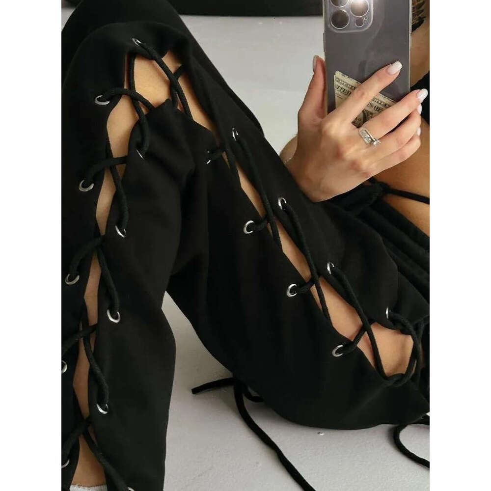 Women's Pants Hollow Out Bandage Sweatpants Solid High Waist Side Split Loose Straight Trouser Female Casual Tie Drawstring Pant Z260314