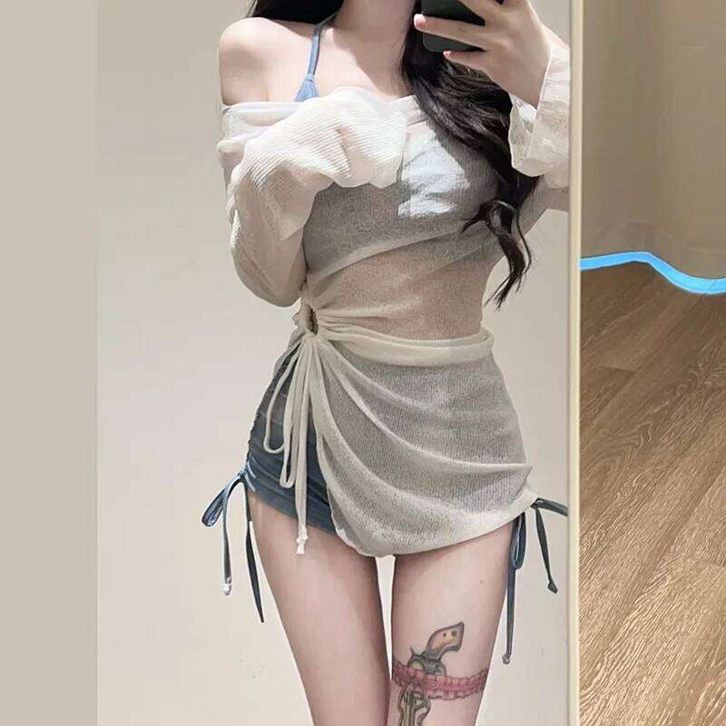 Blue Tie Dye Split Bikini Cover, Sexy Women's Hot Spring Swimsuit Three Piece Set 26H0313