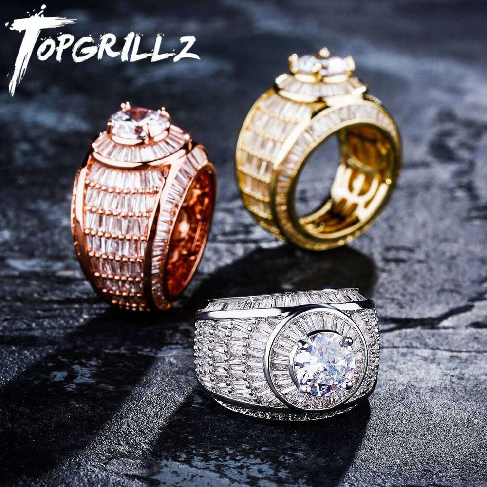 TOPGRILLZ Hip Hop Baguette Cluster CZ Ring High Quality White Gold Color Fully Iced Zircon Rings Fashion Rap Jewelry For Gift H260312