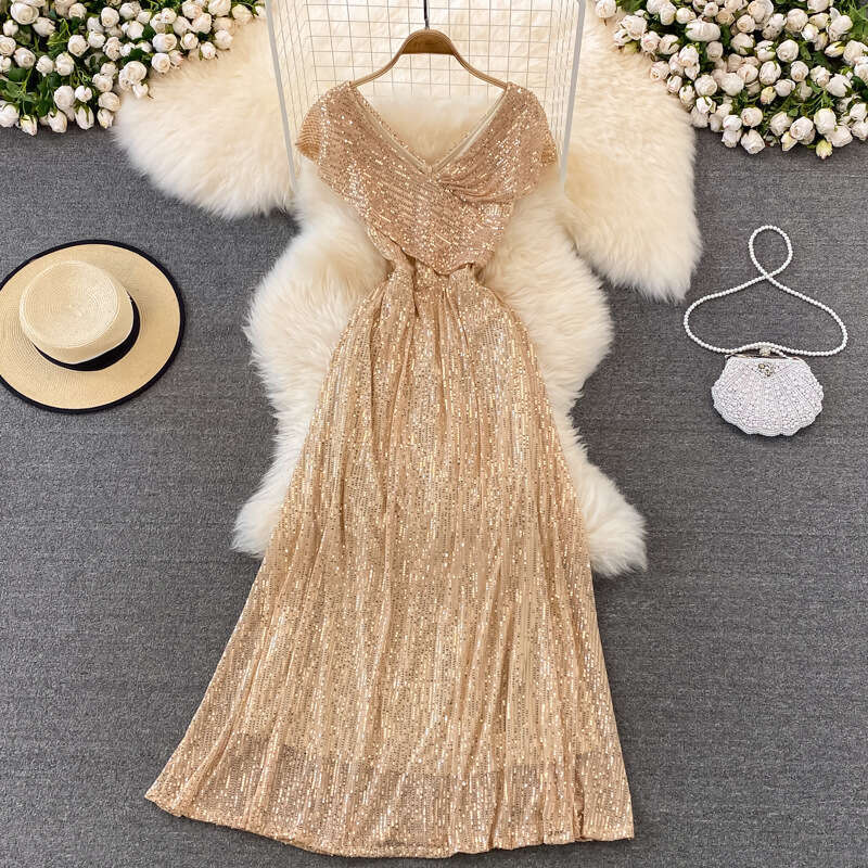 2026 sequin evening A17 gown elegant V-neck dress for hosting and performances, long party dress with high waist, slim fit and wide hem