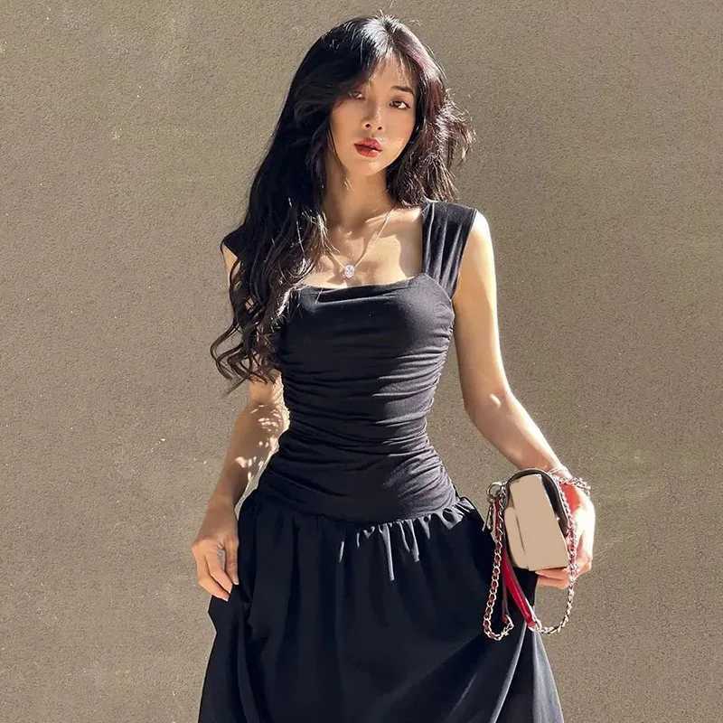 Black Wide Strap Maxi Dress for Women Summer Elegant Temperament High-Waist Party Long Dresses Sexy Ruched Bodycon Midi DressT260314