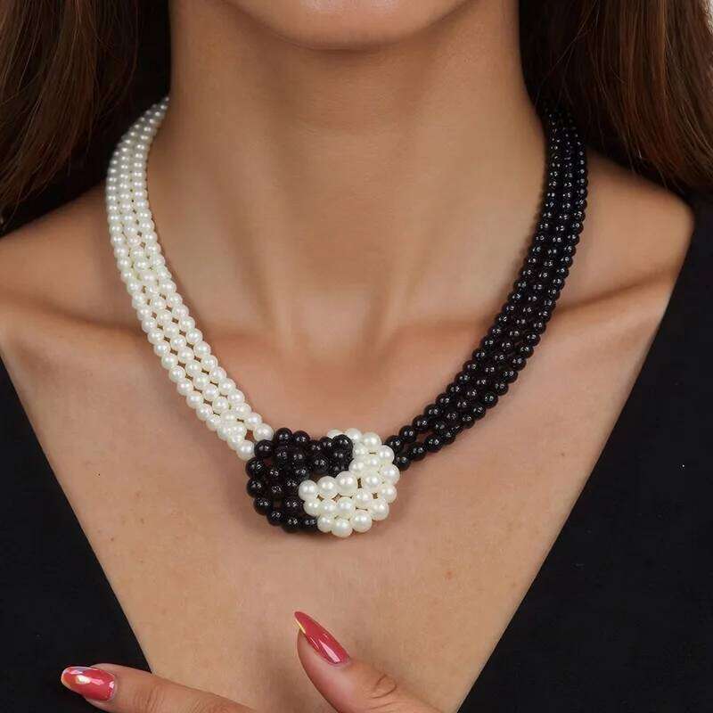 Women's Chic Layered Elegant & Beaded Pearl Necklace Black and White Yin Yang Knotted Design Statement Jewelry H260312