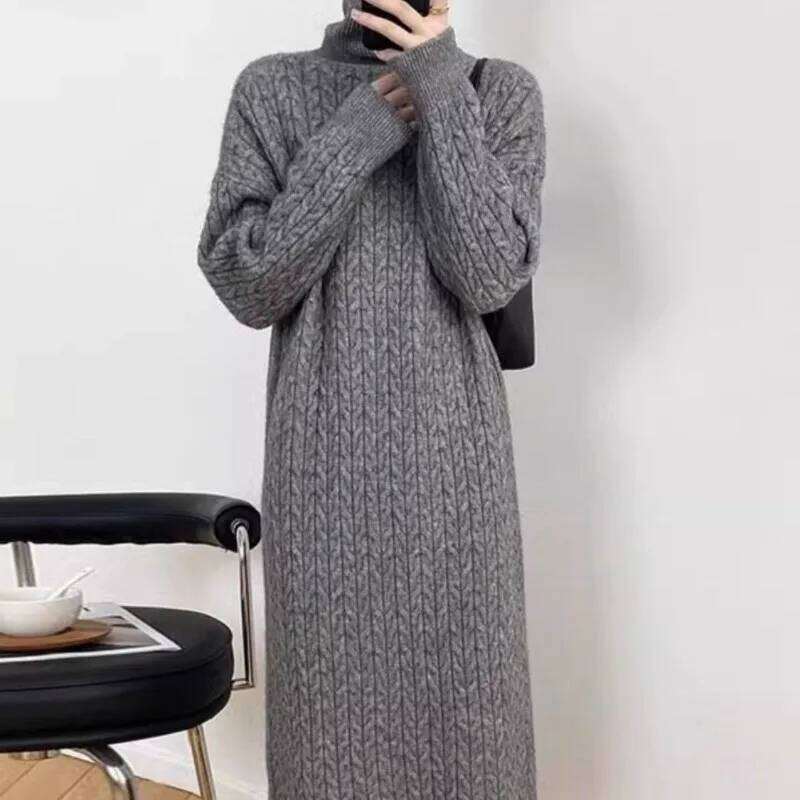 Korean High-neck Twist New Lazy Style Autumn Winter Loose Bottoming Long Knitted Dress Z260313