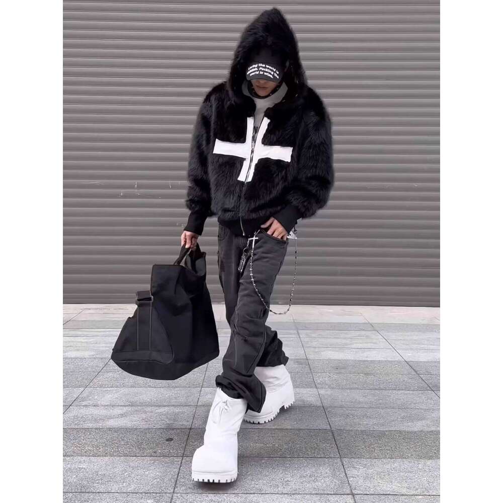 Mauroicardi Winter Short Cool Warm Soft Hairy Faux Fur Coat Men with Hood Rivet Luxury Punk Style Clothes Fluffy Jacket Z260313