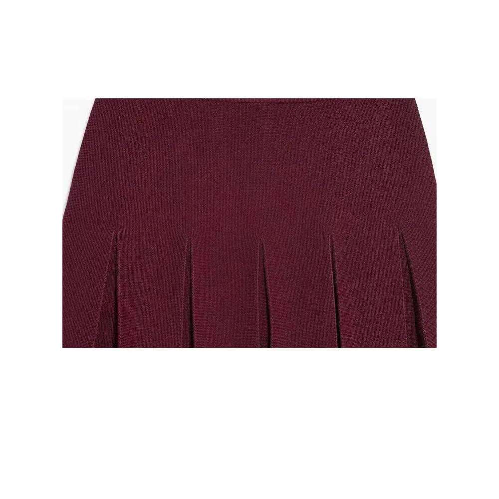 2025 Female High Street Pleated Burgundy Women Retro Fashion Elastic Waist A-line Knitted Mini Skirt Trendy Z260314