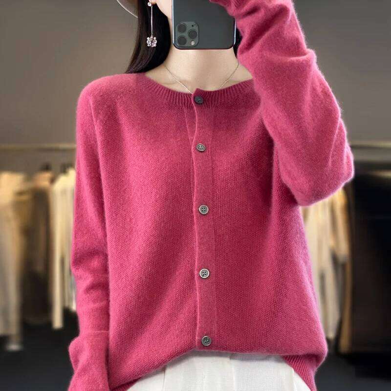 Women Cardigan Knitwear 100% Merino Wool Sweater O-neck Autumn Winter Clothes Female Long Sleeve Casual Classy Basic Soft Tops Z260314