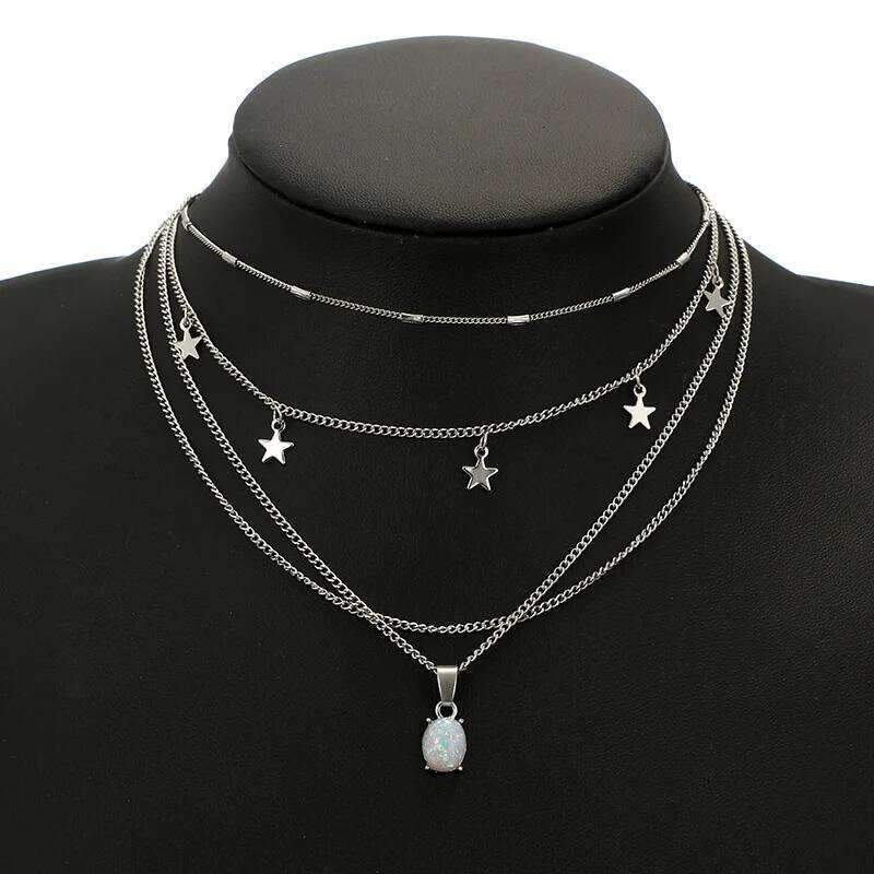 European And American Fashion Classic Beautiful Bohemian Simple Crystal Pentagram Geometric Oval Pendant Multilayer Necklace H260312