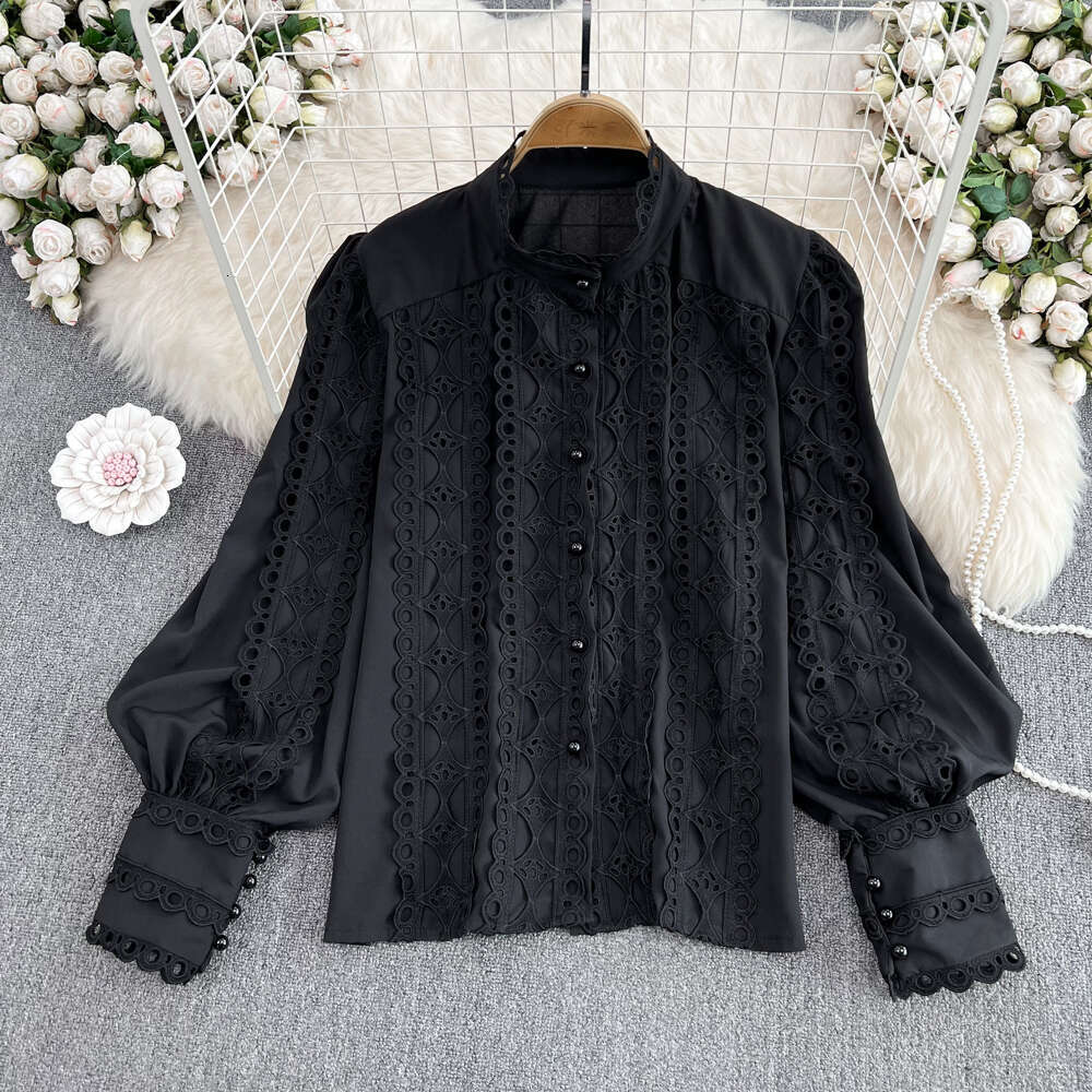 2026 Spring and Autumn Korean Style Elegant Stand up Collar Lace Crochet Hollow Loose Women's Long Sleeve Shirt