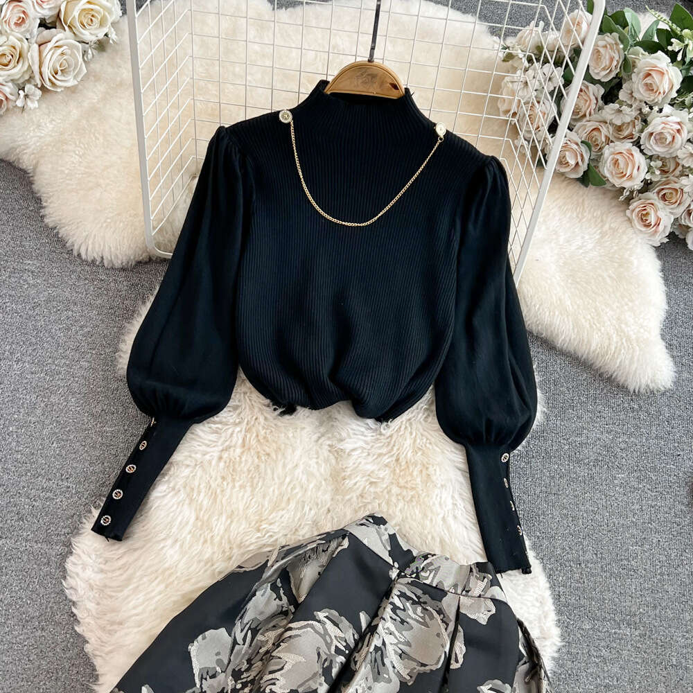 Autumn and Winter Korean A13 Elegant Lantern Long Sleeve Stand Collar Loose Knitted Top Two Piece Set High Waist A-line Skirt 2026