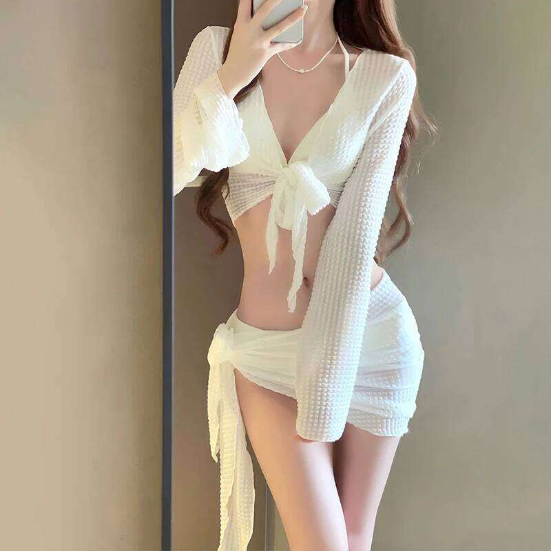 Women's Long Sleeve Knit Bikini Set, Pure Sexy Push-Up Swimsuit with Cover-Up, Elegant Resort Swimwear for Vacation Beach 26H0313
