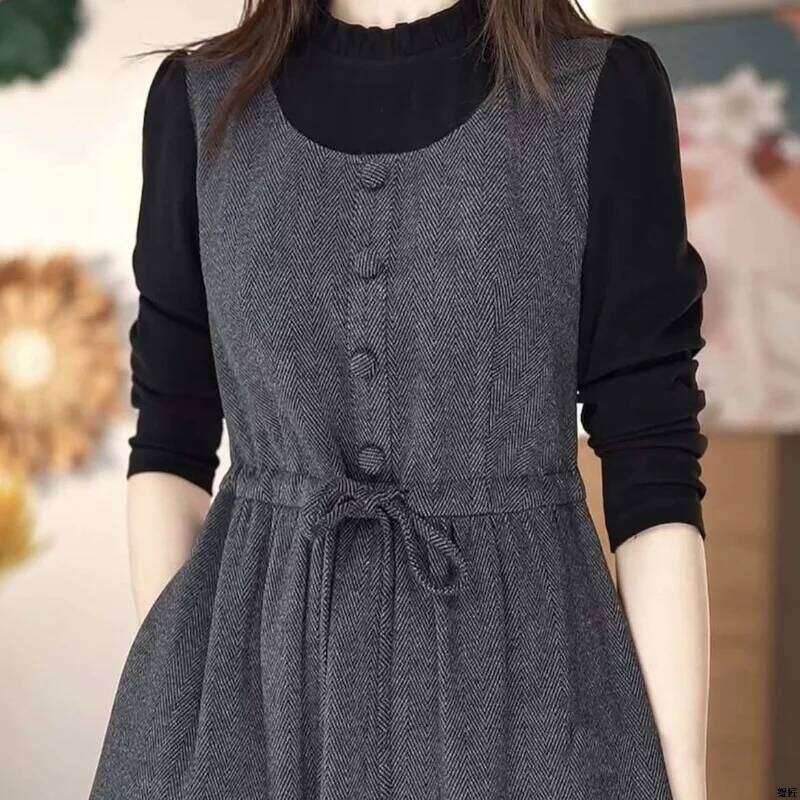 2025 Western Style Spring Autumn New Fashion Fake Two-piece Women's Waist Long Sleeve Dress Z260314