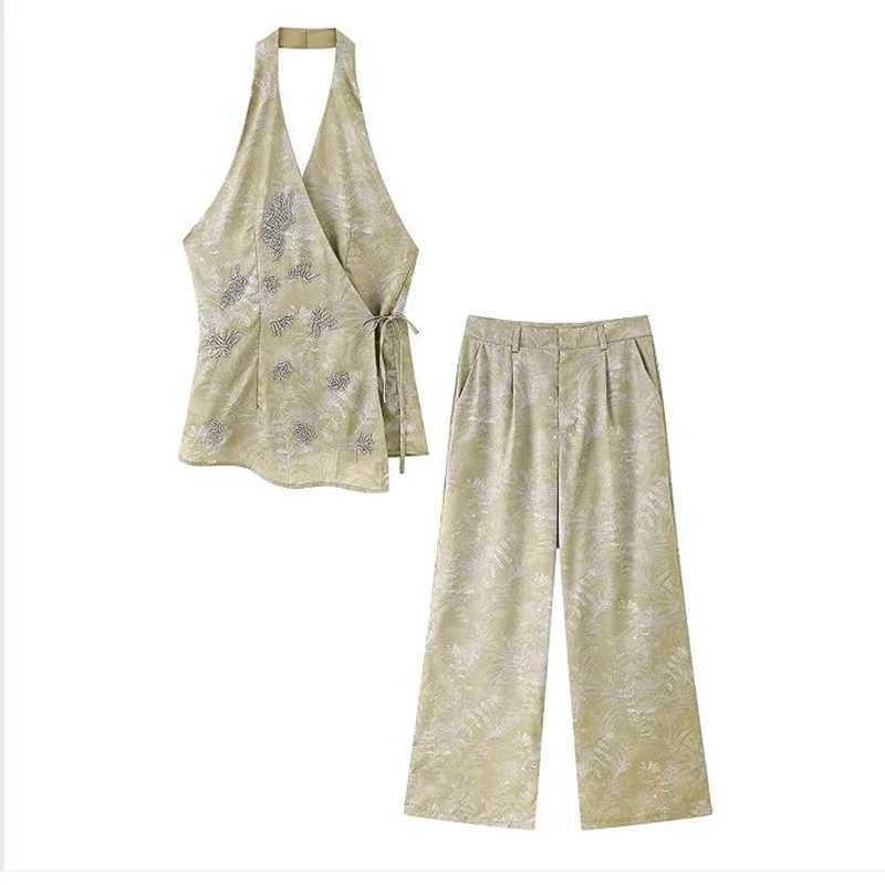 Chic Bead Embroidery Long Pants Set Women Lace Up Backless Sleeveless Tank Top Wide Leg Trousers Suits 2025 Woman Outfits M260313