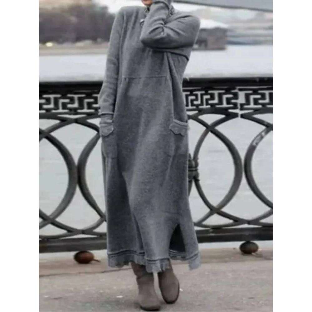 2024 Autumn Winter New Dresses For Women Flower Lace Edge Loose Maxi Dress Casual Long Female Solid Color Pocket Vestidos Z260314