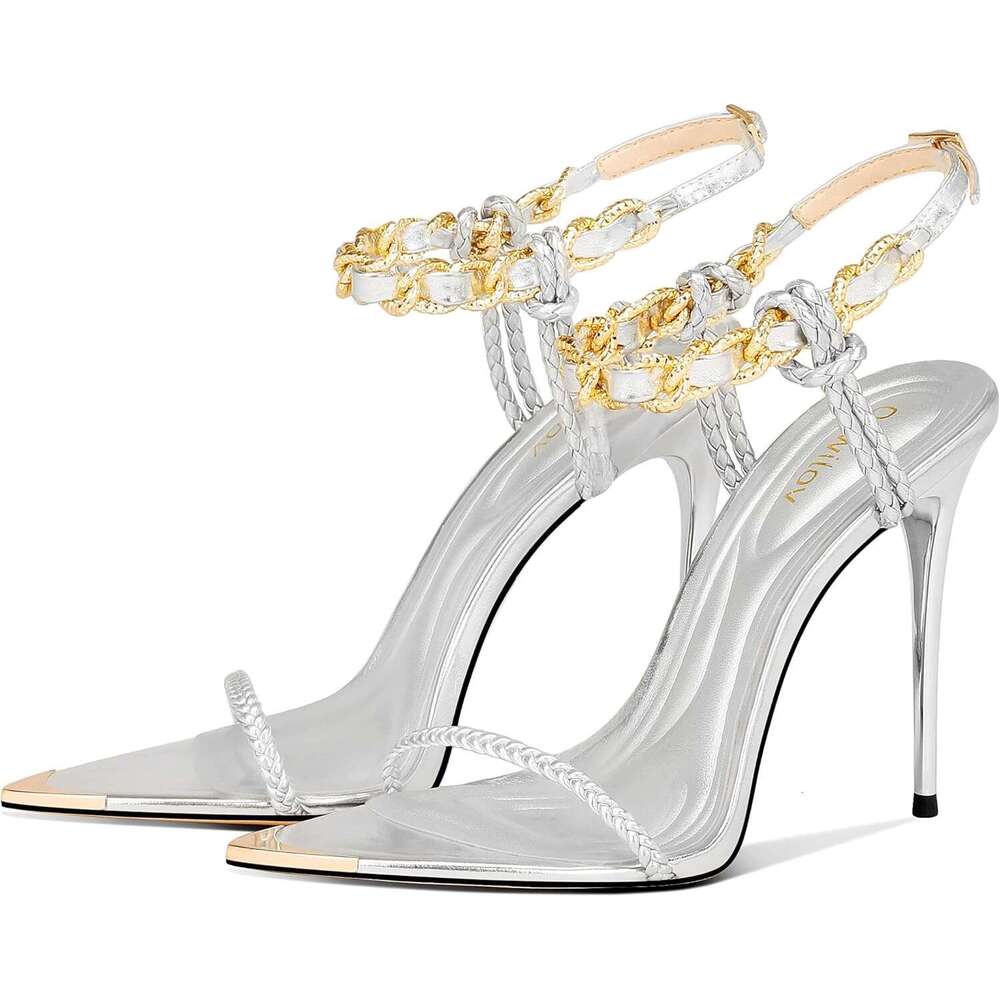 Gold Strappy Stiletto Heels Women Metallic Ankle Strap Open Toe High Heel Sandals Elegant Dress Shoes For Wedding Party Prom And Evening Events MOJIDA