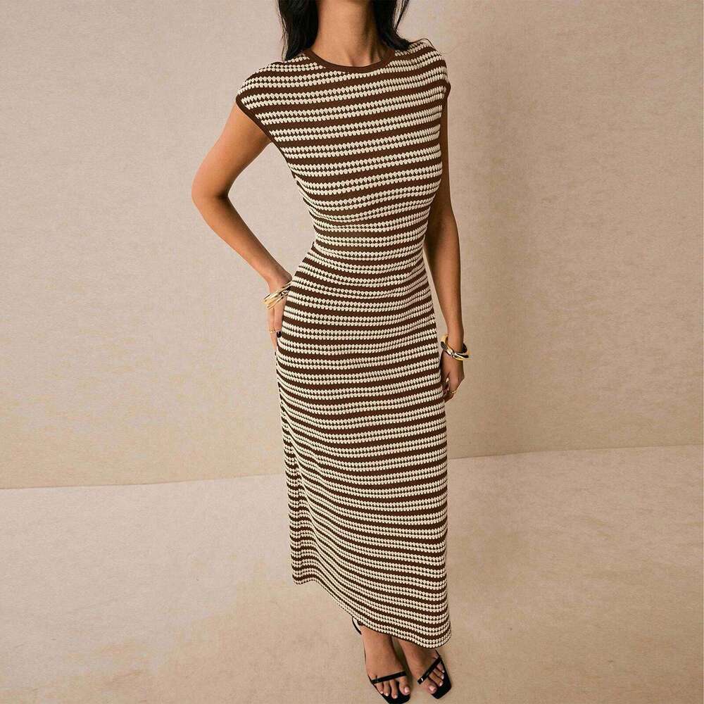 Women's Spring Slim Fit Striped Knit Dress Fashion Casual Color Blocked Waist Cinched Round Neck Short Sleeved Long Dresses Z260314