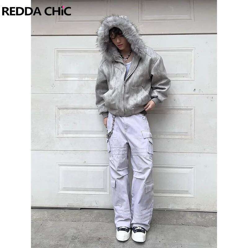 ReddaChic Faux Hooded Men's Bomber Jacket with Pockets Autumn Winter Full Zip Thicken Cotton Coat Fur Collar Outdoor Parkas Z260313