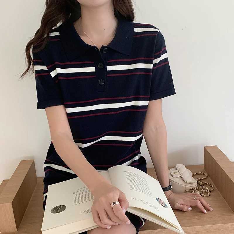 Korean knitted short sleeved dress for womens summer new polo collar casual versatile mid length striped contrasting dressT260314