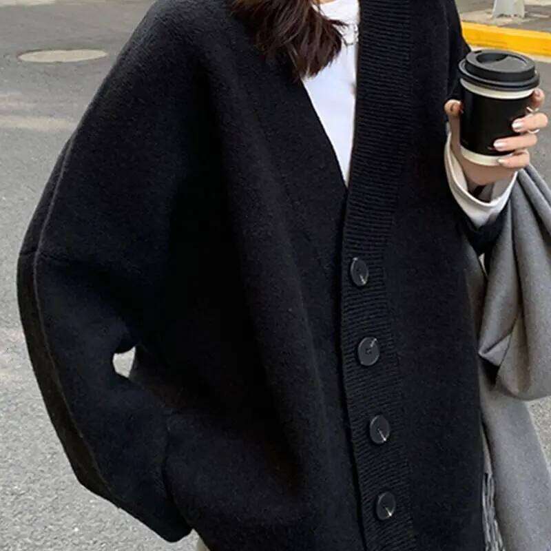 Minimalist Cardigans for Women Loose Black Single Breasted V-neck Knitted Soft Warm Autumn Winter Students Leisure Z260313