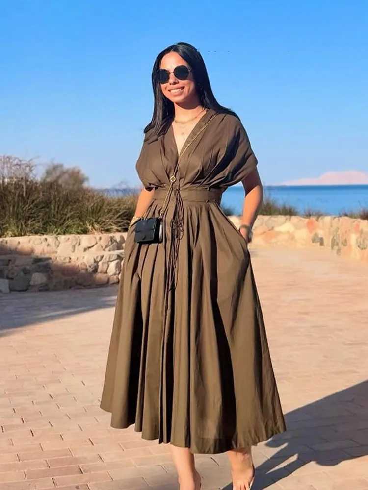 HH Female Summer Elegant Long Dress Solid V-Neck Short Sleeve Bow Lace-Up Single-Breasted Womens Fashion Casual DressT260314