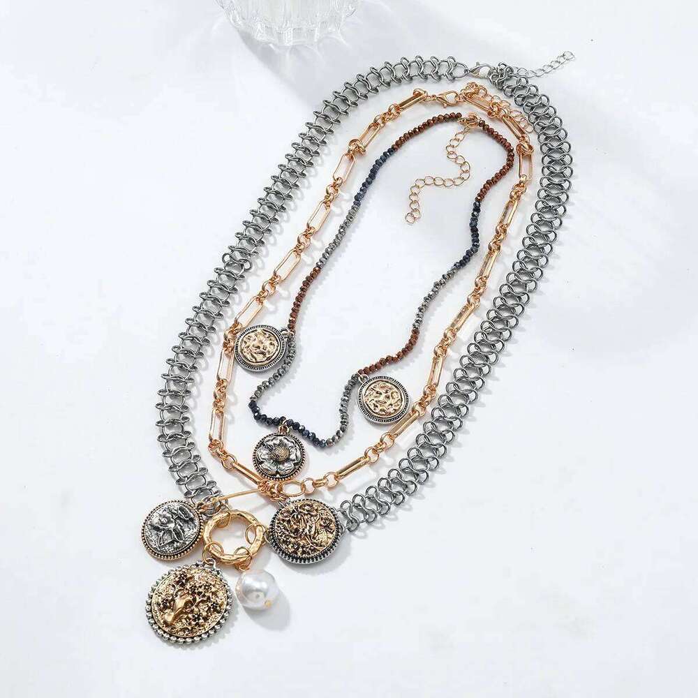 Autumn Collection Multi-Layer Exaggerated Large Brand Coin Tree Floral Necklace Three-Piece Women Fashion Jewelry Set H260312