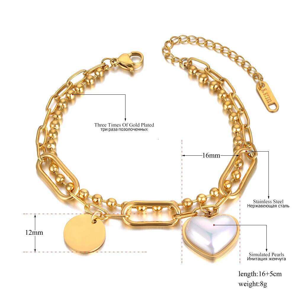 Lokaer Titanium Stainless Steel Double Layer Chain Bracelets For Women Fashion White Pearl Love Heart Charm Bracelet B21125 Z260313