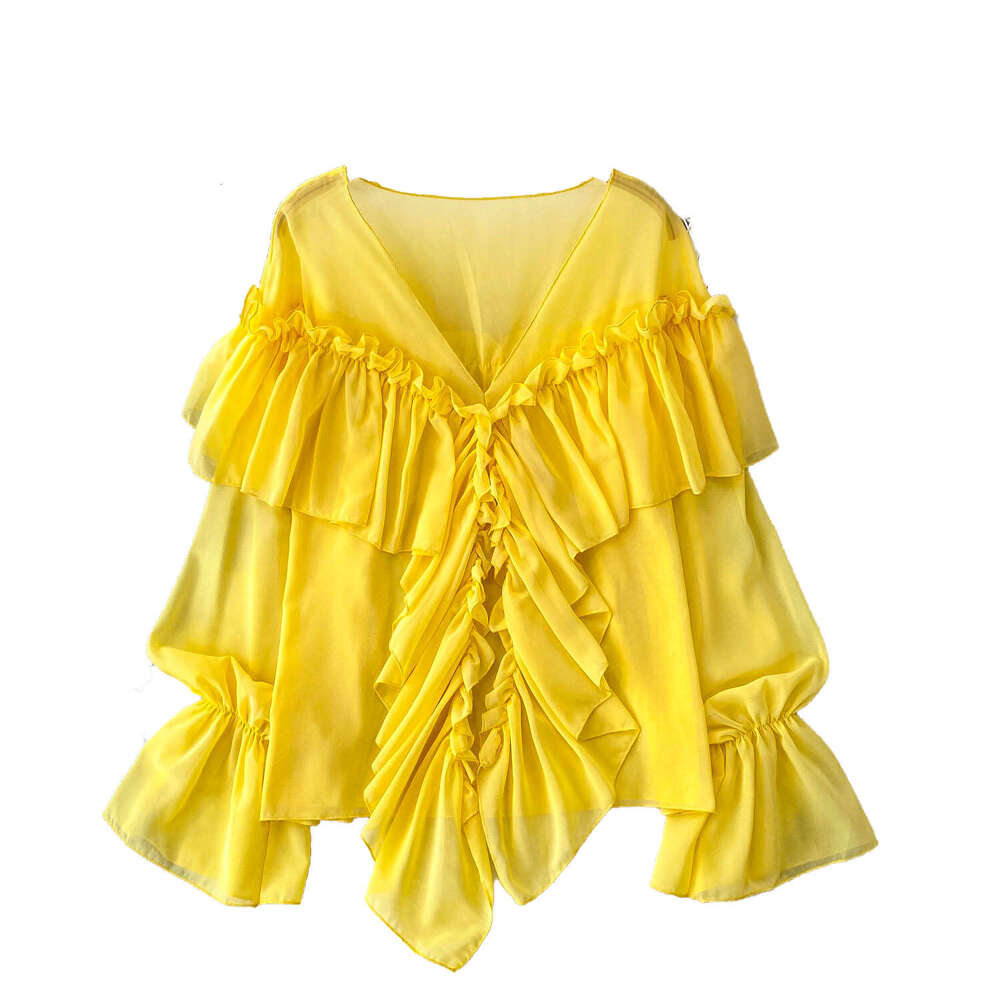 White V-neck bell shaped sleeve sunscreen wrinkle resistant chiffon women's shirt 2026 summer elegant loose fit with ruffled details