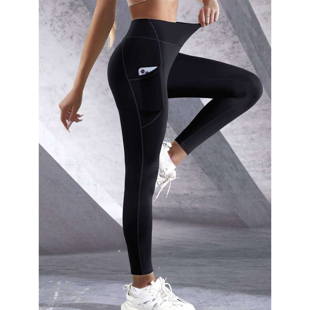 Women High Waist Elastic Workout Yoga Leggings Tummy Control With Side Pockets Pants Seam Gym Fitness Sportswear Tights 26Y0313