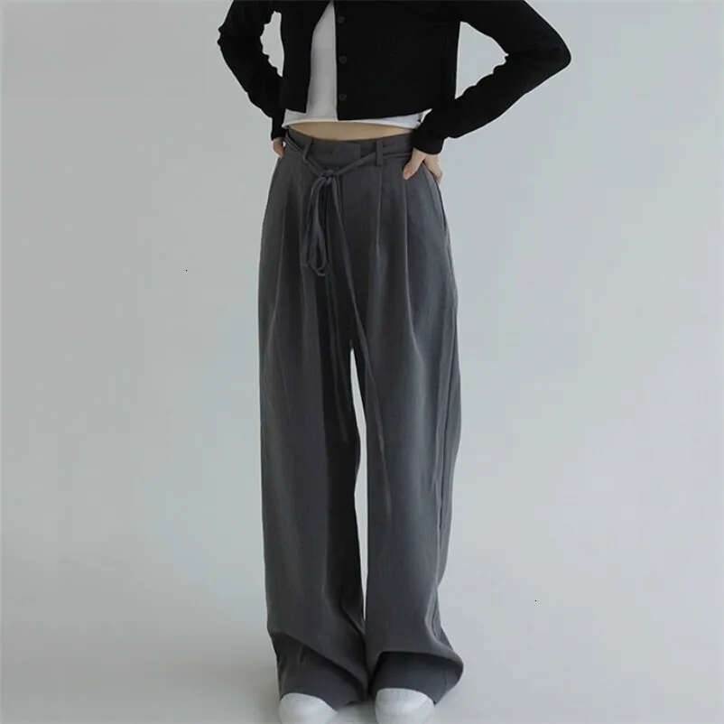 Korean Clothes High Waist Trousers Lace Up Loose Straight Women Pants Casual Black Pantalon Femme Grey Spodnie Damskie 5B058 210429 Z260314
